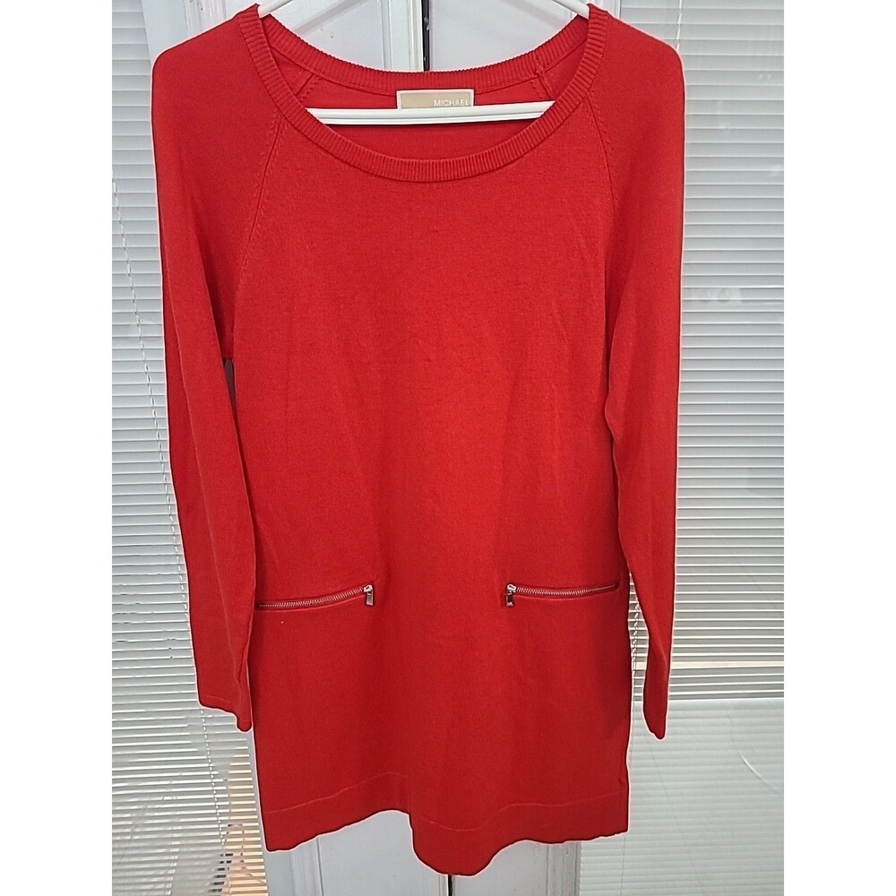 Michael Kors Black Tunic Sweater Dress L Long Sleeve Silver Zip Pocket Knit, M/L